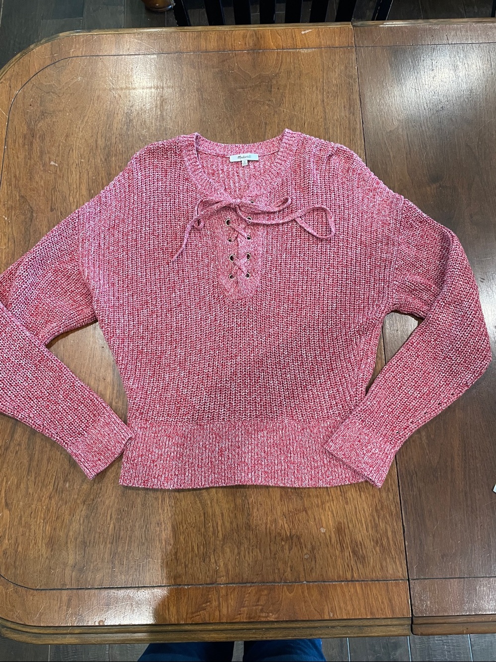 Madewell Pink Heather Lace-Up Crew Sweater